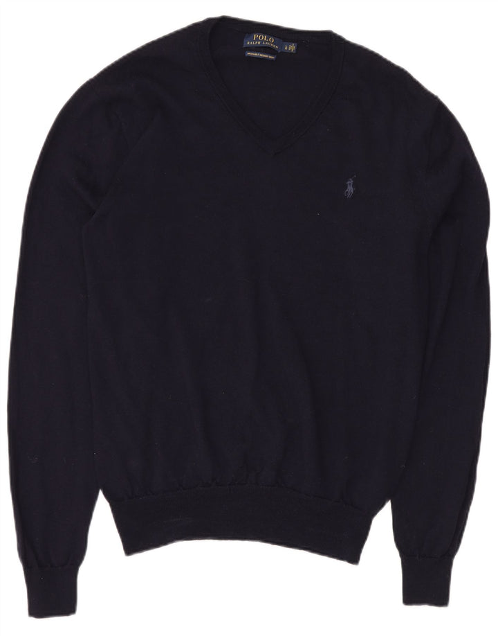 Polo Ralph Lauren Mens V-Neck Jumper Sweater Large Navy Blue Merino Wool