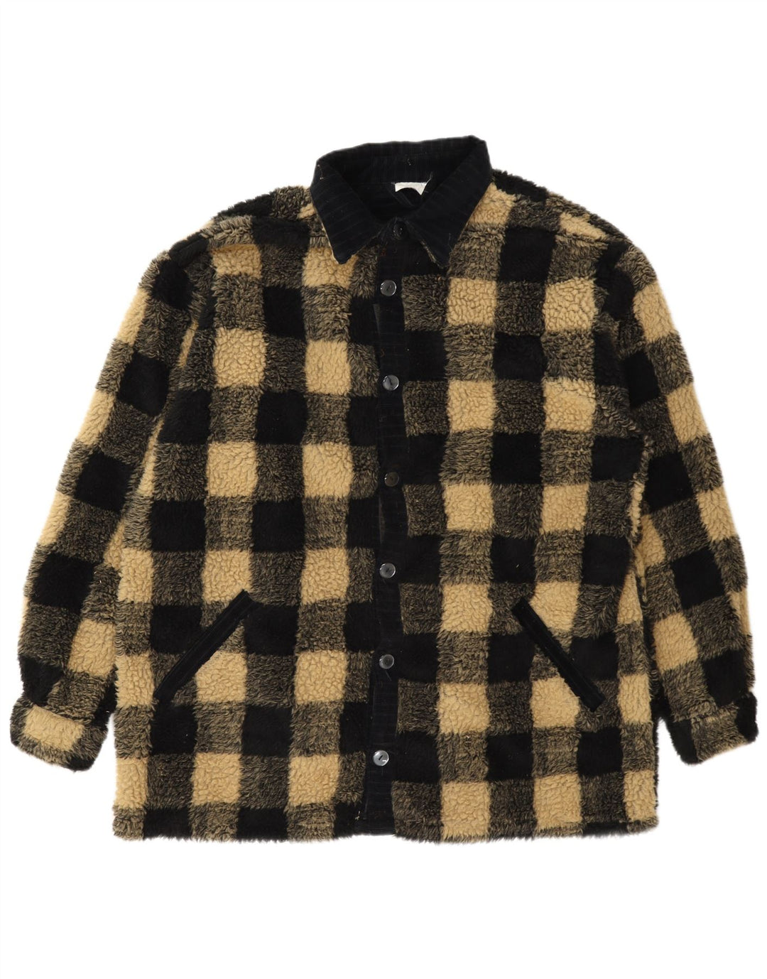 Vintage Mens Fleece Jacket UK 42 XL Black Gingham Polyester