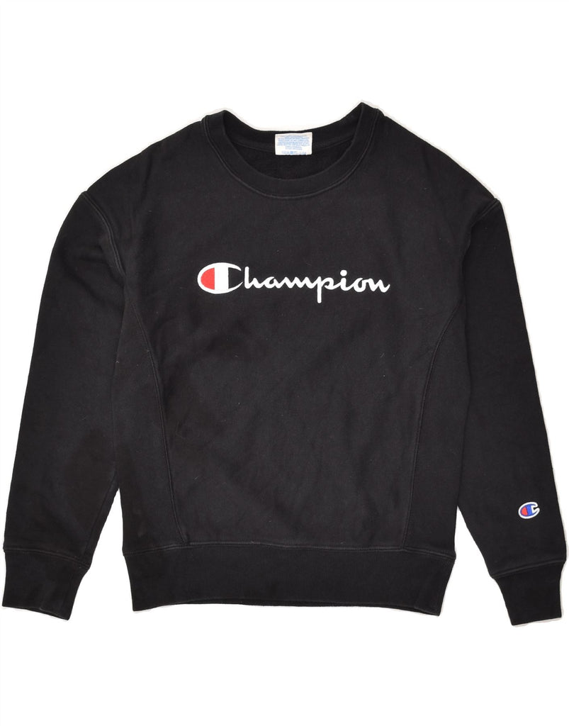 CHAMPION Womens Loose Fit Graphic Sweatshirt Jumper UK 6 XS Black Cotton | Vintage Champion | Thrift | Second-Hand Champion | Used Clothing | Messina Hembry 