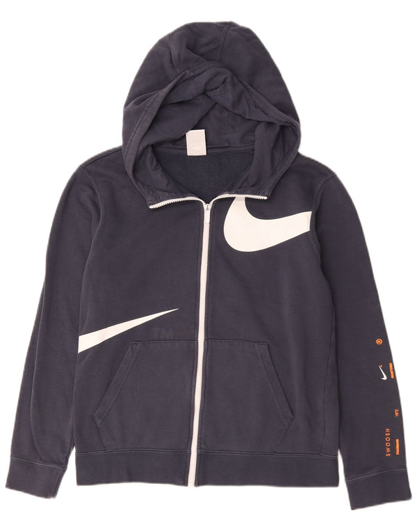 Nike Boys Swoosh Graphic Zip Hoodie Sweater 13-14 Years XL Navy Blue Cotton