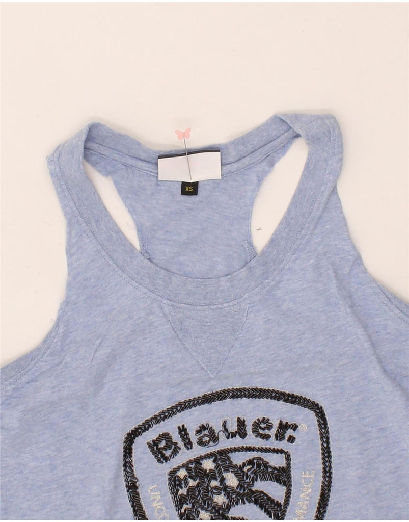 BLAUER Womens Graphic Vest Top UK 6 XS Purple Cotton Vintage Blauer and Second-Hand Blauer from Messina Hembry 