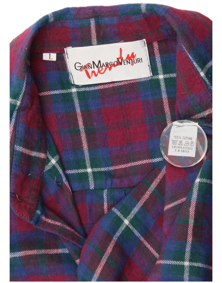 Gian Marco Venturi Mens Flannel Shirt Large Burgundy Check Cotton