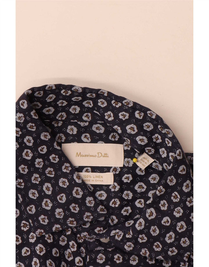 Massimo Dutti Mens Shirt XL Navy Blue Floral Linen