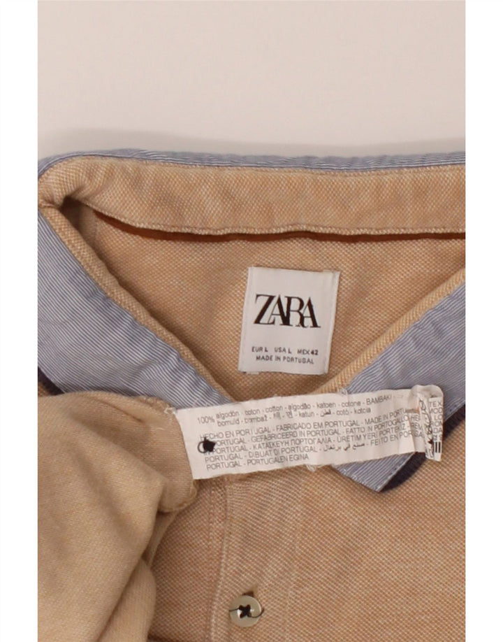 ZARA Mens Polo Shirt Large Beige Cotton