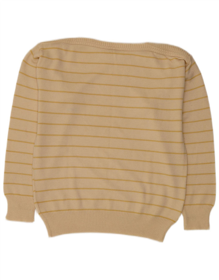 Vintage Mens Boat Neck Jumper Sweater Medium Beige Striped Polyacrylic