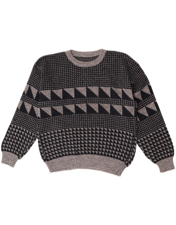 Vintage Mens Crew Neck Jumper Sweater Large Grey Geometric