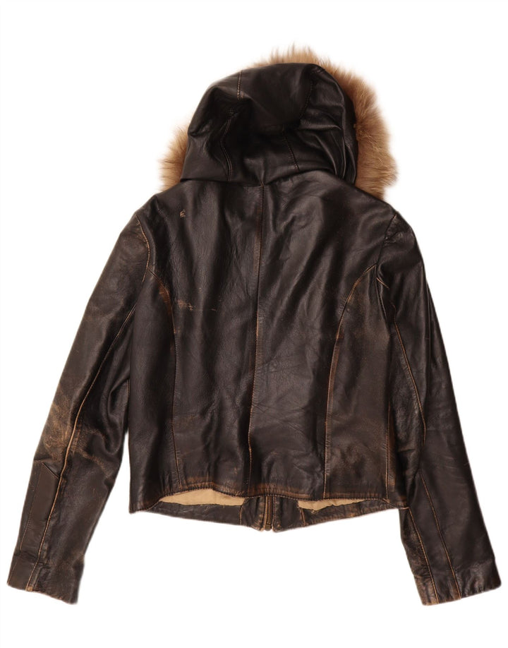 Coconuda Womens Hooded Leather Jacket UK 14 Large Brown Leather