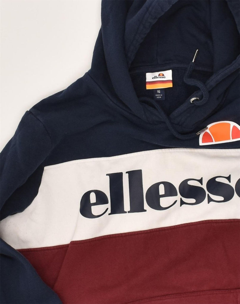 ELLESSE Womens Graphic Hoodie Jumper UK 16 Large Navy Blue Colourblock | Vintage Ellesse | Thrift | Second-Hand Ellesse | Used Clothing | Messina Hembry 