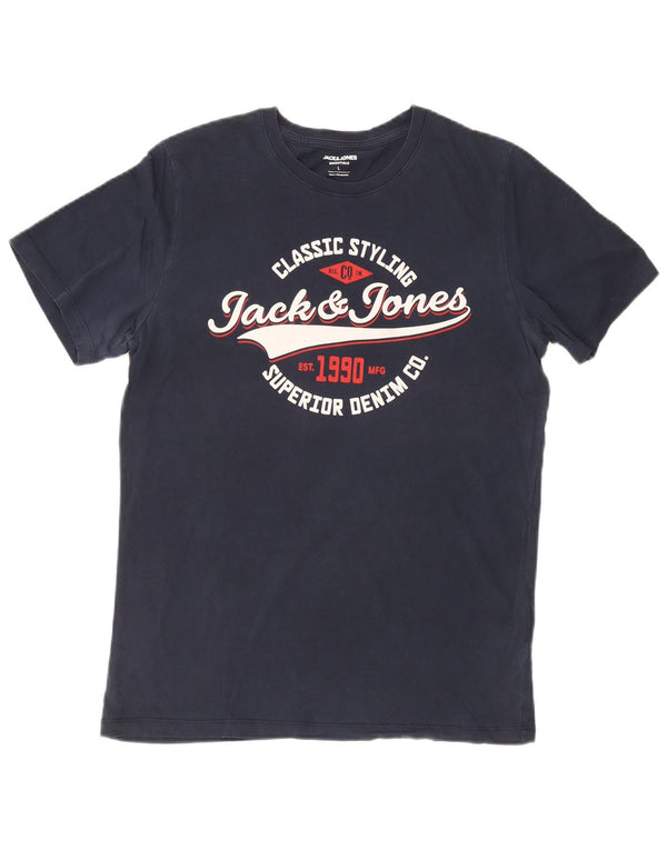 Jack & Jones Mens Graphic T-Shirt Top Large Navy Blue Cotton