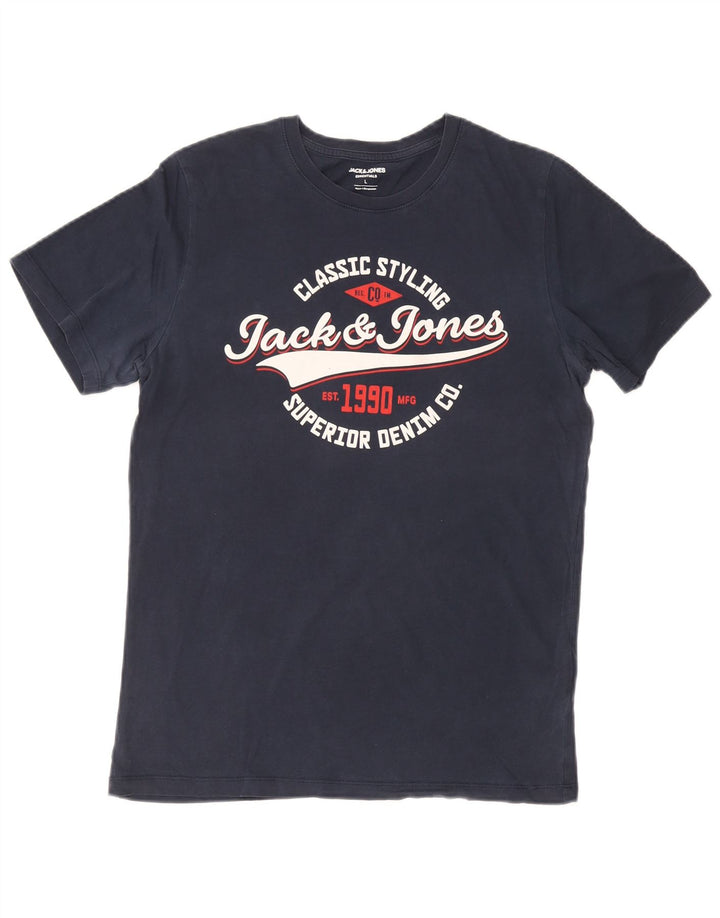 Jack & Jones Mens Graphic T-Shirt Top Large Navy Blue Cotton