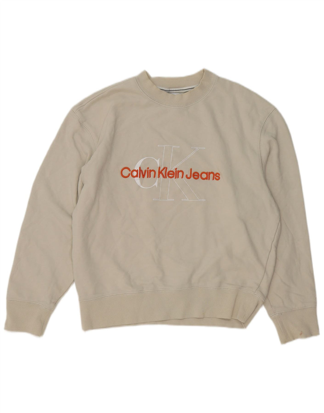 Calvin Klein Jeans Mens Graphic Sweatshirt Jumper Medium Off White Cotton
