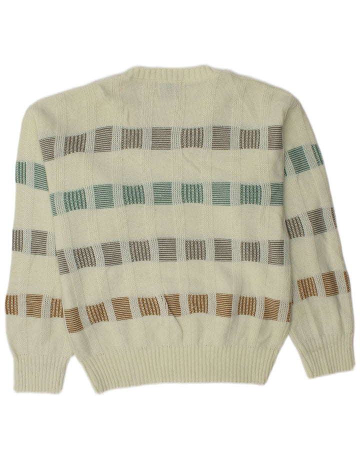 LONDON FOG Mens V-Neck Jumper Sweater Small Off White Striped Acrylic