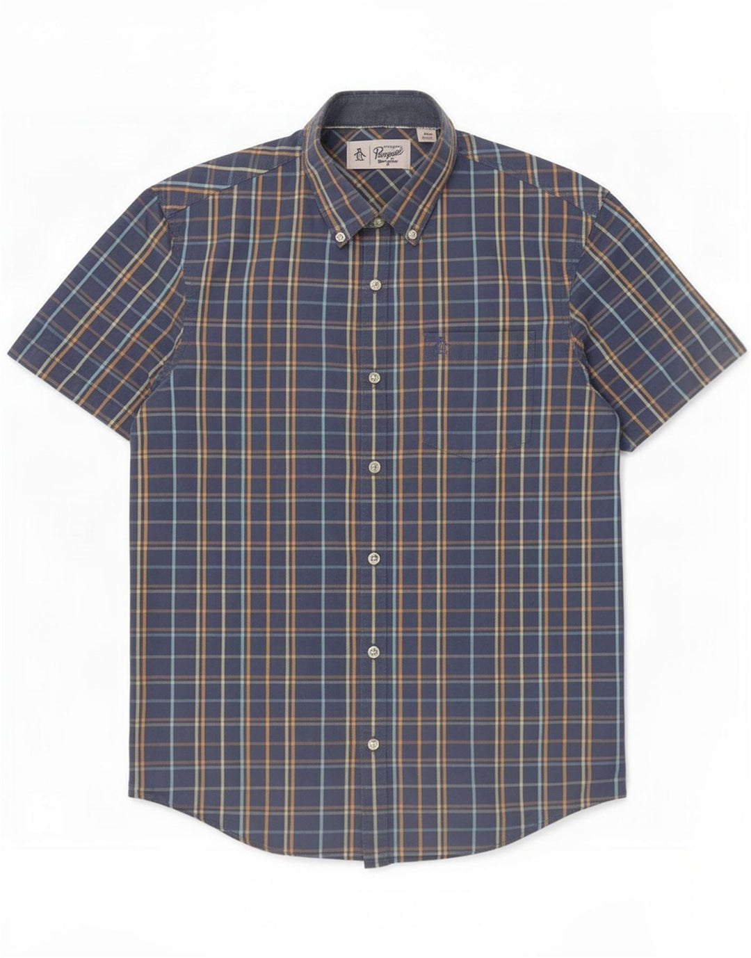 Penguin Mens Short Sleeve Shirt Medium Blue Check Cotton