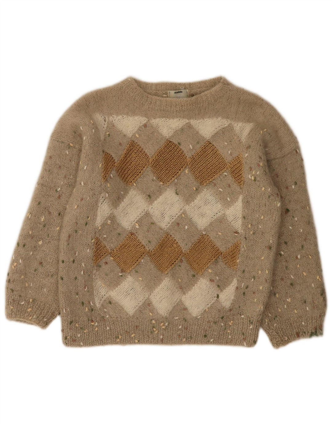 Vintage Womens Boat Neck Jumper Sweater UK 12 Medium Beige Argyle/Diamond