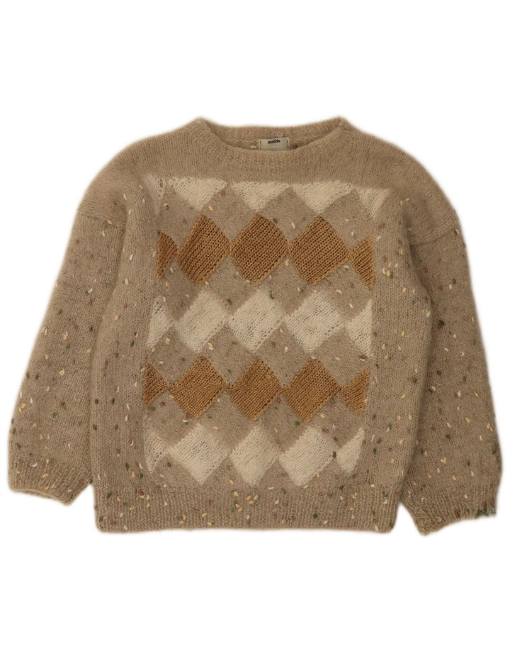Vintage Womens Boat Neck Jumper Sweater UK 12 Medium Beige Argyle/Diamond
