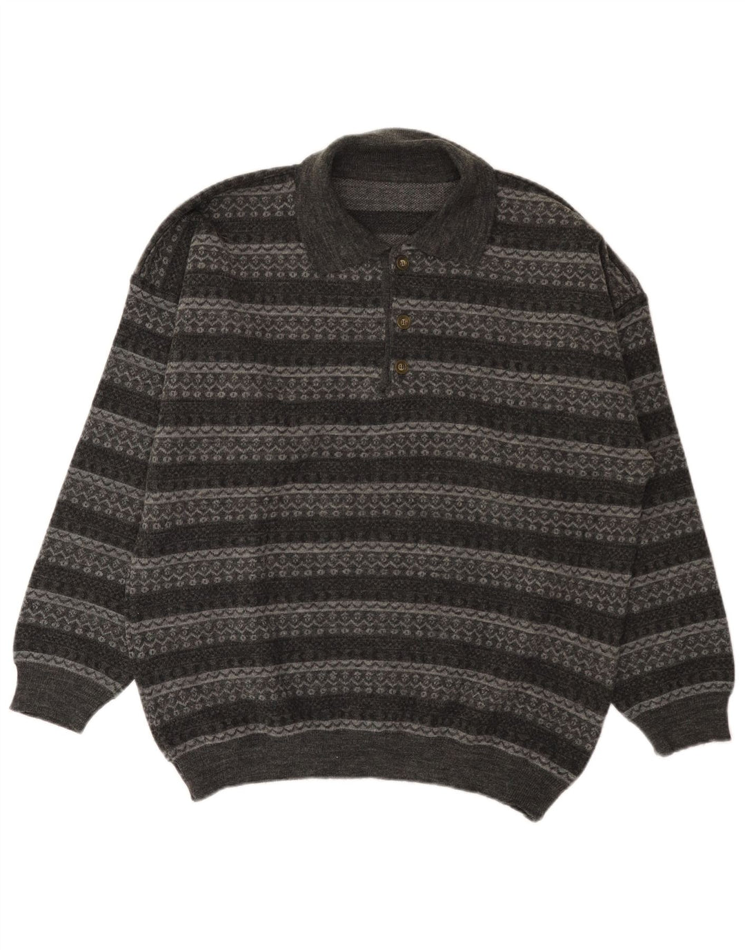 Vintage Mens Polo Neck Jumper Sweater Large Grey Striped