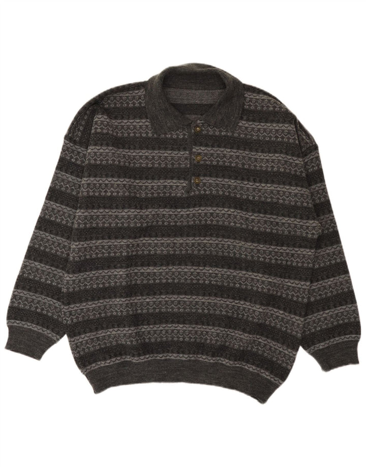 Vintage Mens Polo Neck Jumper Sweater Large Grey Striped