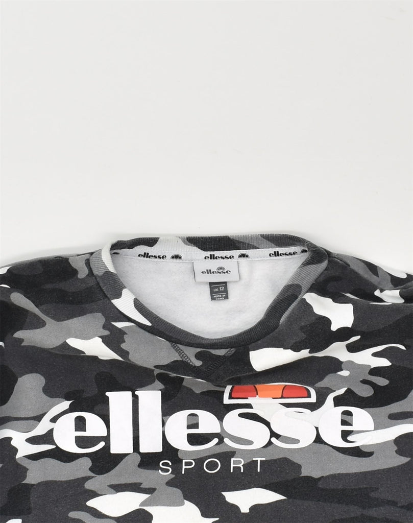 ELLESSE Womens Graphic Sweatshirt Jumper UK 12 Medium Grey Camouflage | Vintage Ellesse | Thrift | Second-Hand Ellesse | Used Clothing | Messina Hembry 