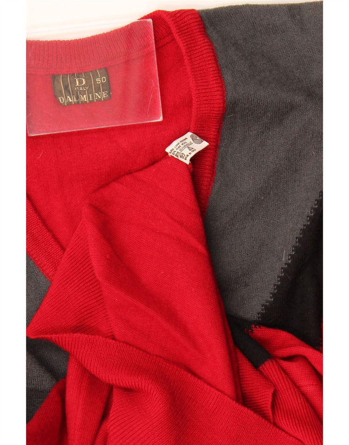 DALMINE Mens V-Neck Jumper Sweater IT 50 Medium Red Colourblock Virgin Wool