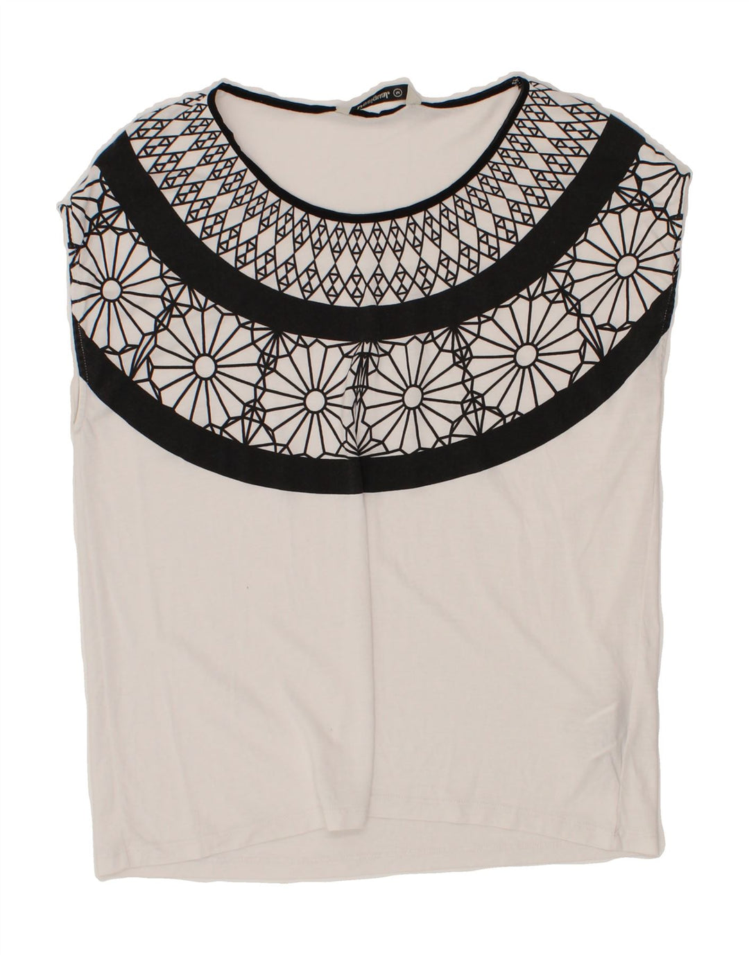 DESIGUAL Womens Sleeveless Blouse Top UK 14 Medium White Fair Isle Lyocell Vintage Desigual and Second-Hand Desigual from Messina Hembry 