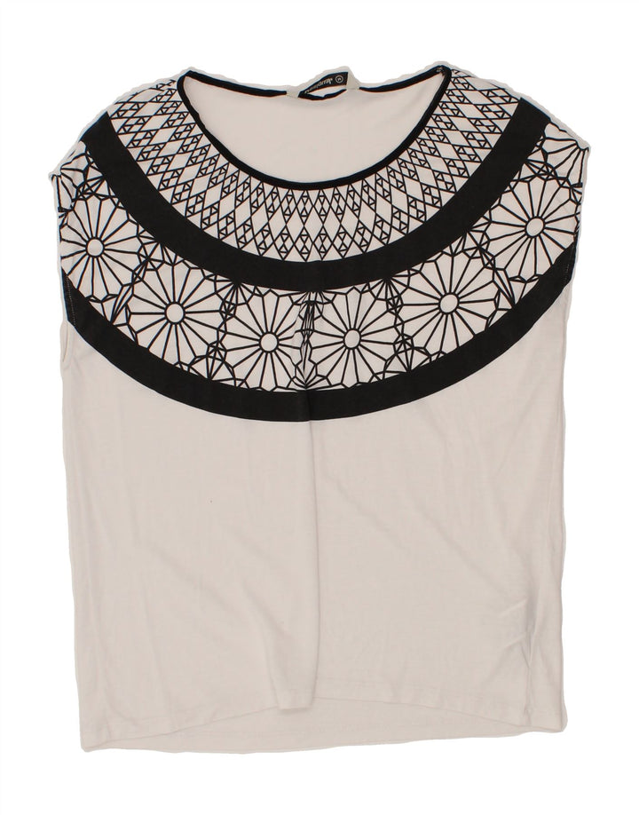 DESIGUAL Womens Sleeveless Blouse Top UK 14 Medium White Fair Isle Lyocell Vintage Desigual and Second-Hand Desigual from Messina Hembry 