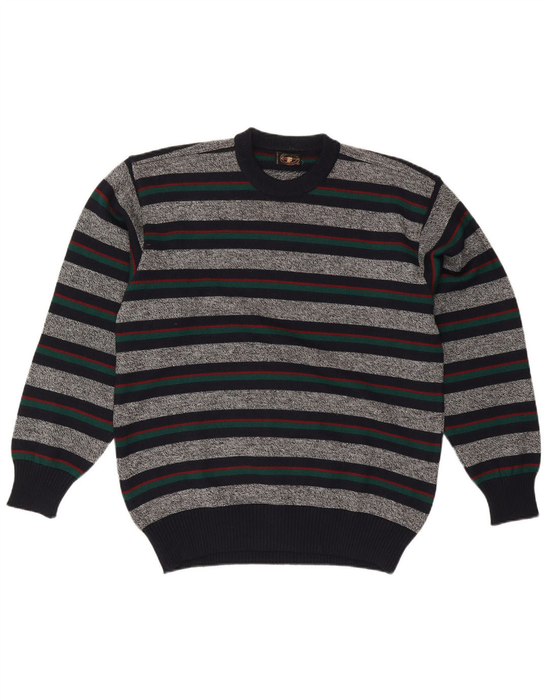 Vintage Mens Crew Neck Jumper Sweater XL Grey Striped Wool