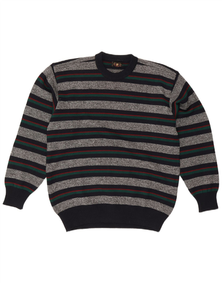 Vintage Mens Crew Neck Jumper Sweater XL Grey Striped Wool