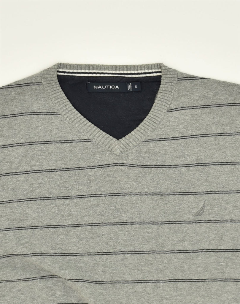 NAUTICA Mens V-Neck Jumper Sweater Small Grey Striped Cotton | Vintage Nautica | Thrift | Second-Hand Nautica | Used Clothing | Messina Hembry 