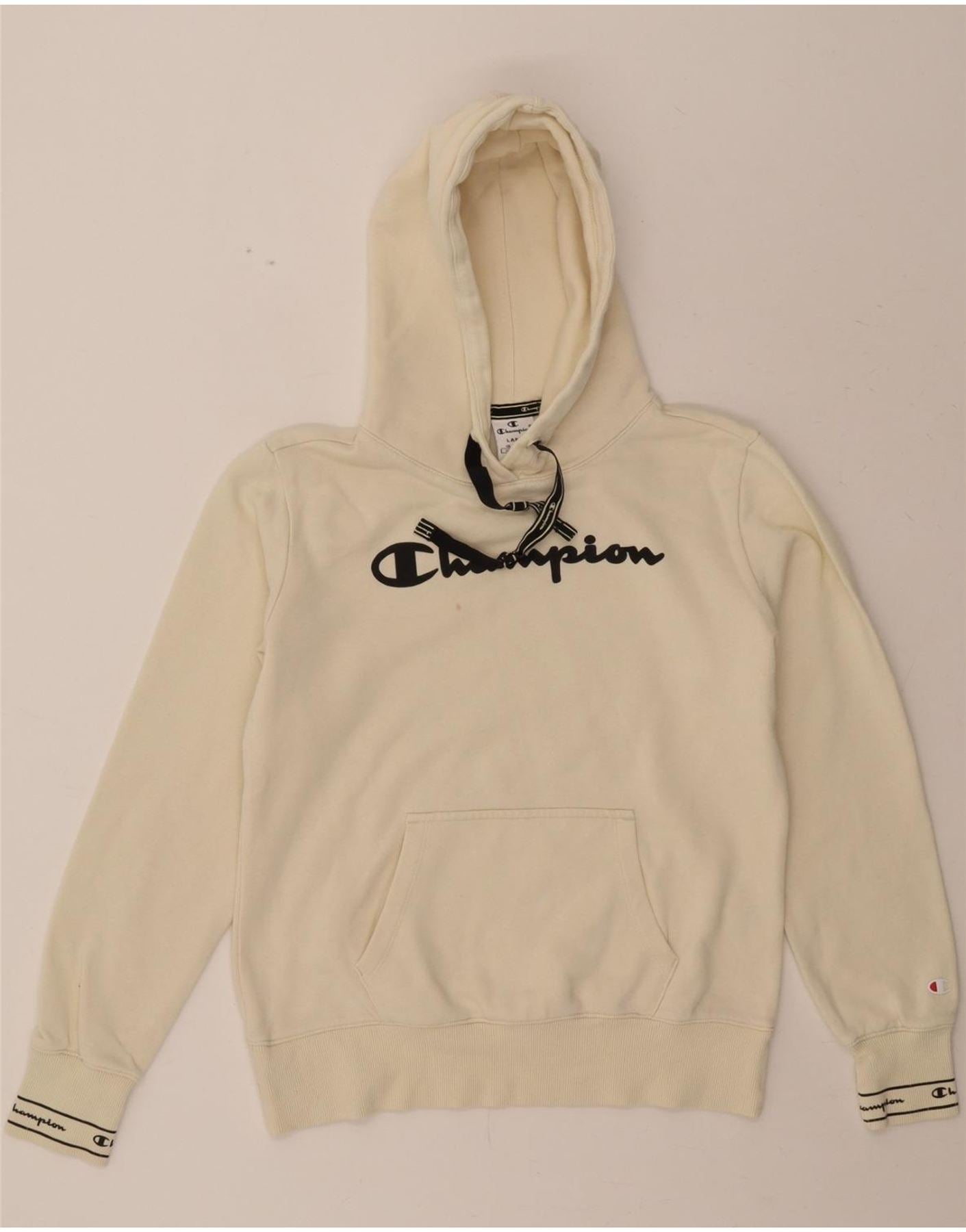 CHAMPION Womens Graphic Hoodie Jumper UK 16 Large Off White Cotton