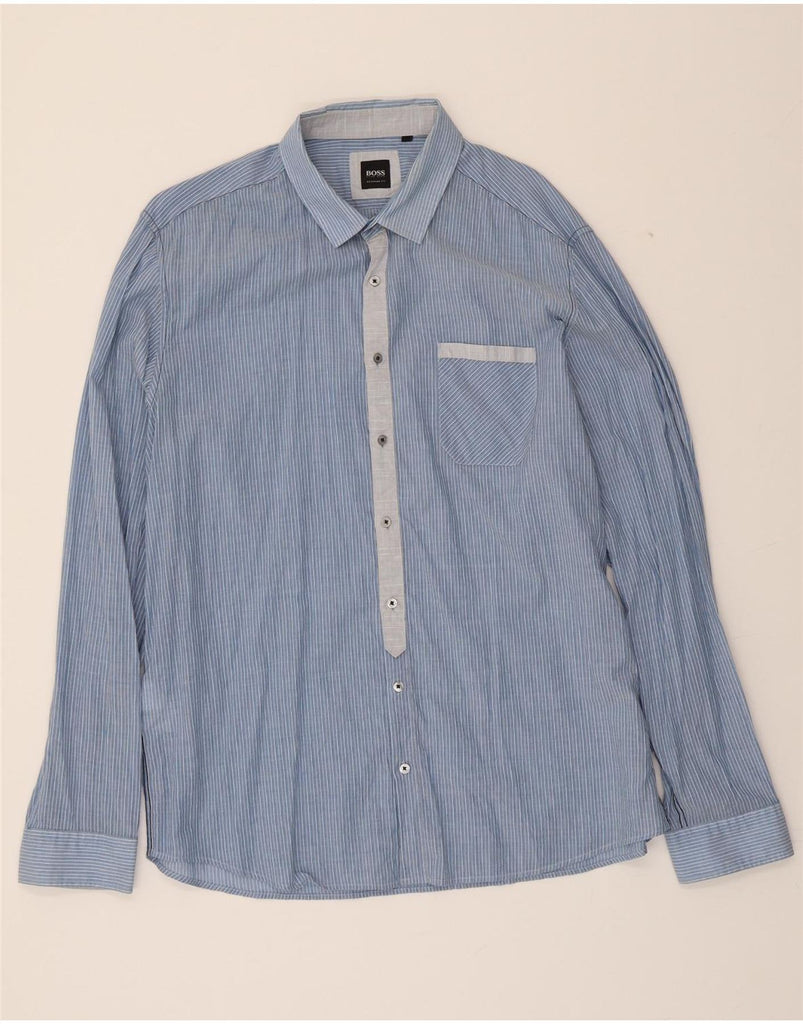 HUGO BOSS Mens Regular Fit Shirt XL Blue Pinstripe Cotton Vintage Hugo Boss and Second-Hand Hugo Boss from Messina Hembry 