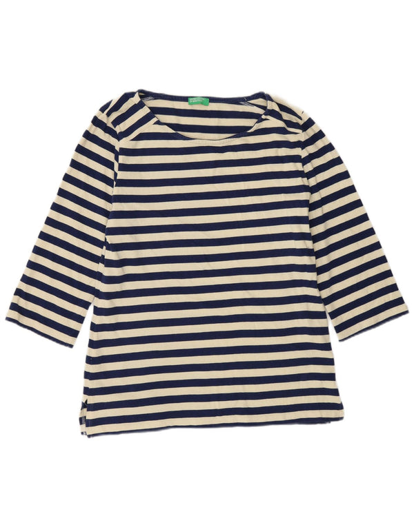 Benetton Womens Top 3/4 Sleeve UK 10 Small Navy Blue Striped Cotton
