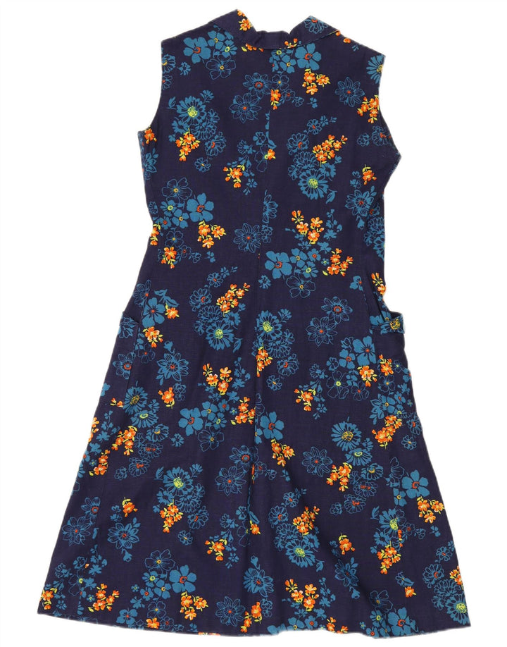 VINTAGE Womens Sleeveless A-Line Dress UK 12 Medium Navy Blue Floral