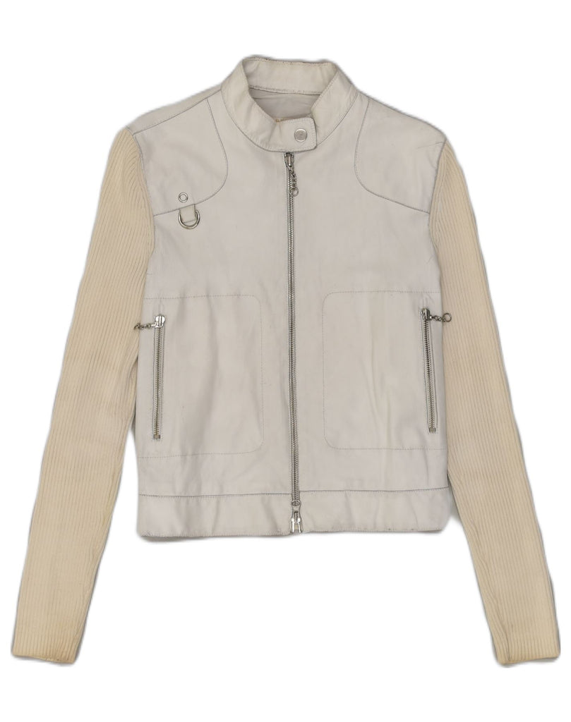 MARELLA Womens Leather Jacket IT 42 Medium Off White Leather | Vintage Marella | Thrift | Second-Hand Marella | Used Clothing | Messina Hembry 