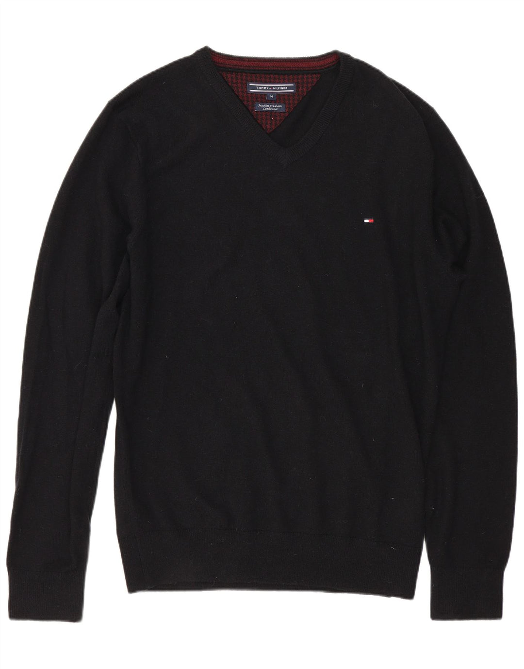 TOMMY HILFIGER Mens V-Neck Jumper Sweater Medium Black Lambswool