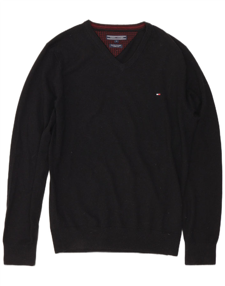 TOMMY HILFIGER Mens V-Neck Jumper Sweater Medium Black Lambswool