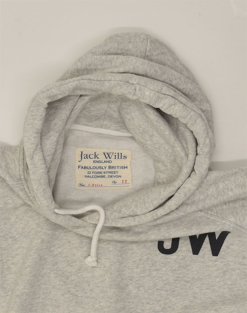 JACK WILLS Womens Graphic Hoodie Jumper UK 12 Medium Grey Cotton | Vintage Jack Wills | Thrift | Second-Hand Jack Wills | Used Clothing | Messina Hembry 