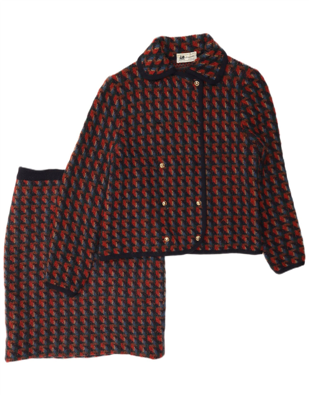 Vintage Womens Knit 2 Piece Skirt Set UK 14 Medium W28 Red Houndstooth
