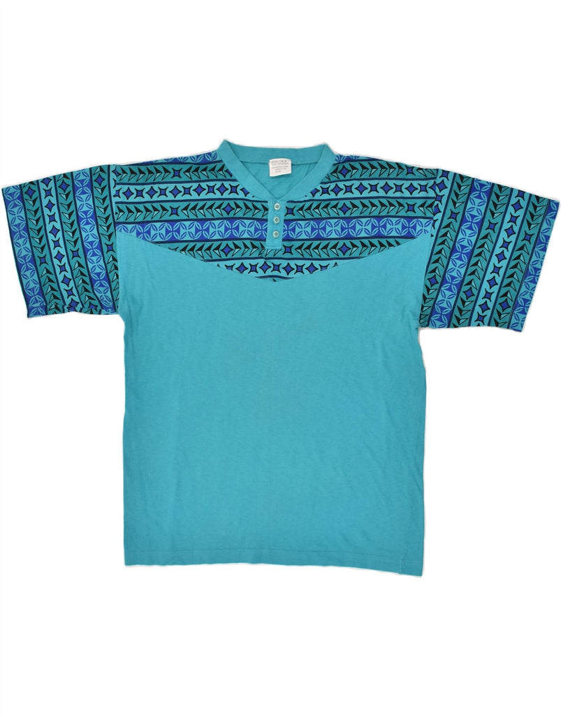 VINTAGE Mens Abstract Pattern T-Shirt Top UK 38/40 Medium Turquoise Cotton | Vintage Vintage | Thrift | Second-Hand Vintage | Used Clothing | Messina Hembry 