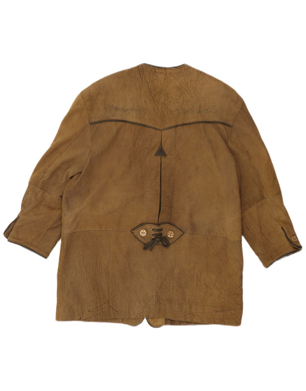 VINTAGE Womens 3/4 Sleeve Leather Blazer Jacket EU 44 XL Khaki