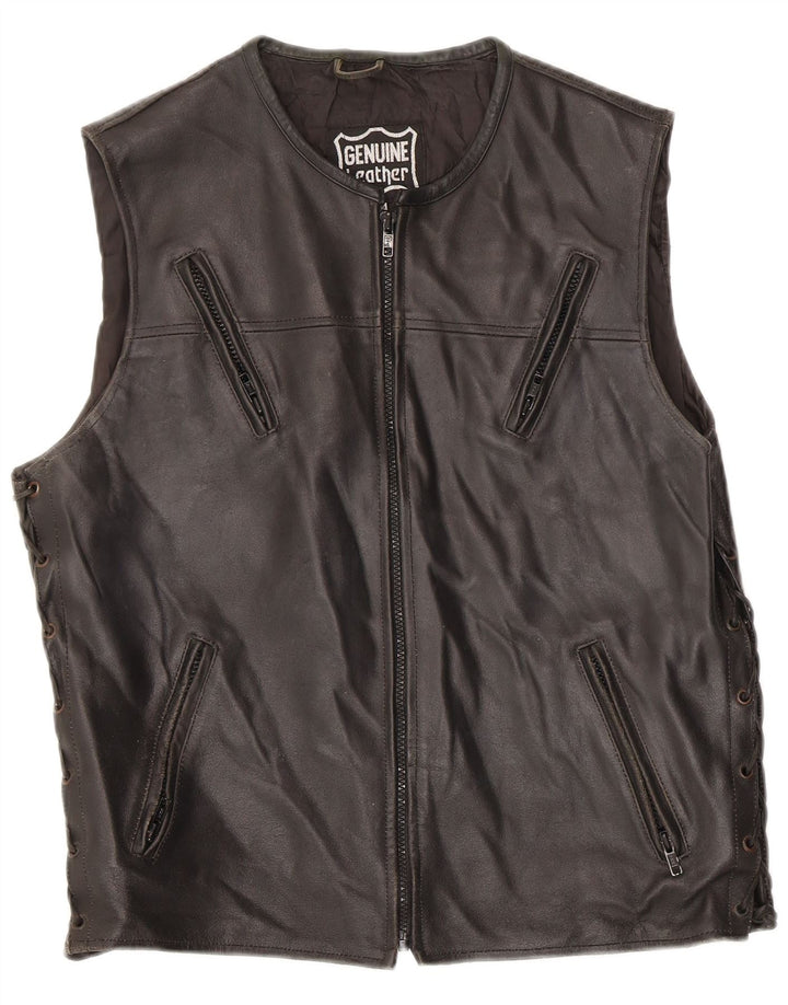 Vintage Mens Leather Gilet UK 38 Medium Black Leather