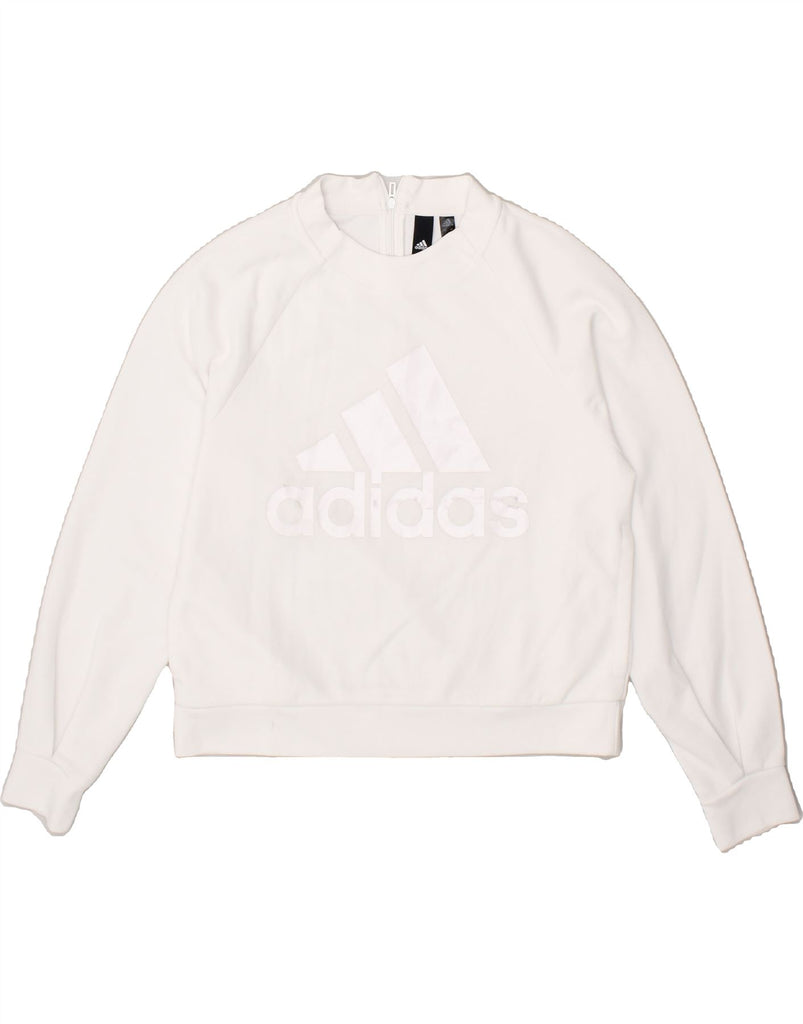 ADIDAS Womens Oversized Crop Graphic Sweatshirt Jumper UK 8/10 Small White Vintage Adidas and Second-Hand Adidas from Messina Hembry 