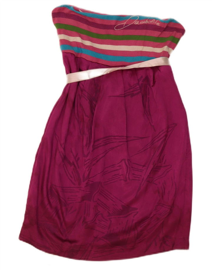 Vintage Womens Strapless Dress UK 12 Medium Pink Striped Polyester