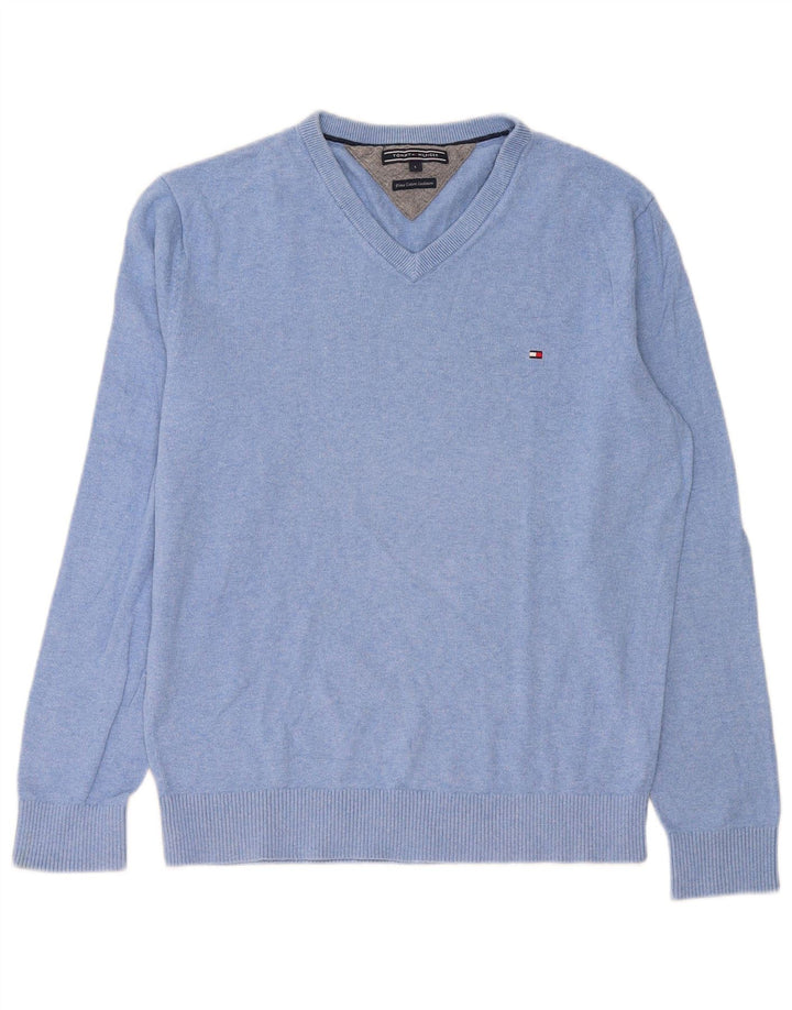 Tommy Hilfiger Mens V-Neck Jumper Sweater Large Blue Cotton