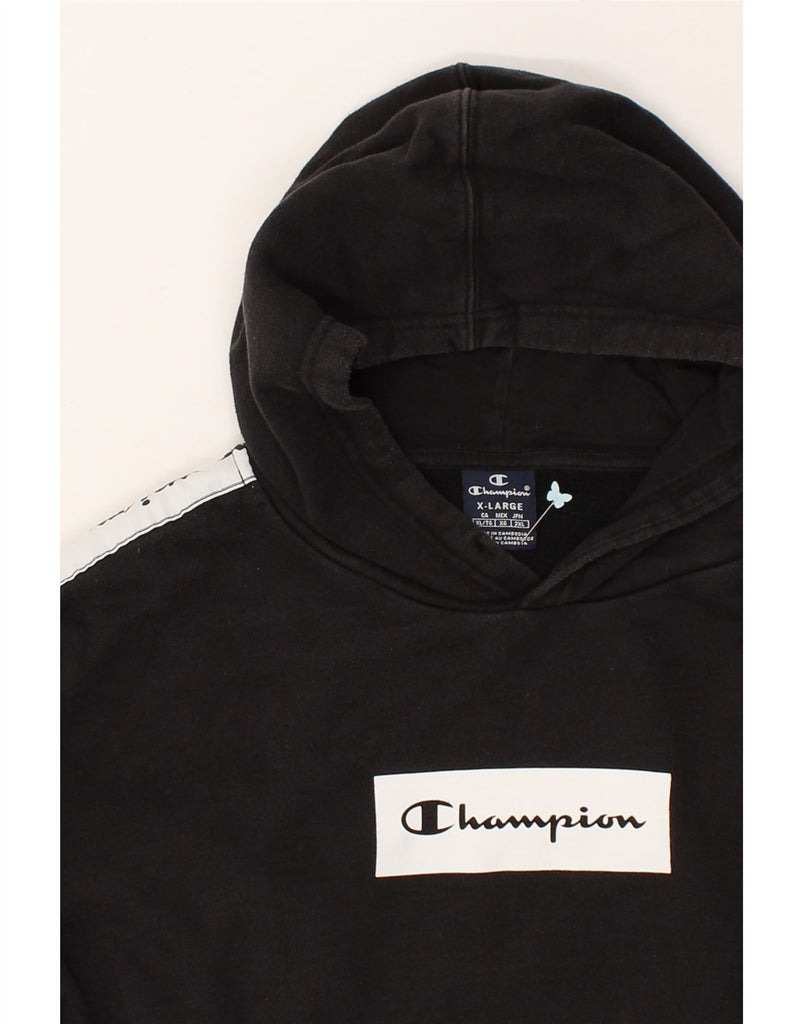 CHAMPION Mens Graphic Hoodie Jumper XL Black Colourblock Cotton | Vintage Champion | Thrift | Second-Hand Champion | Used Clothing | Messina Hembry 