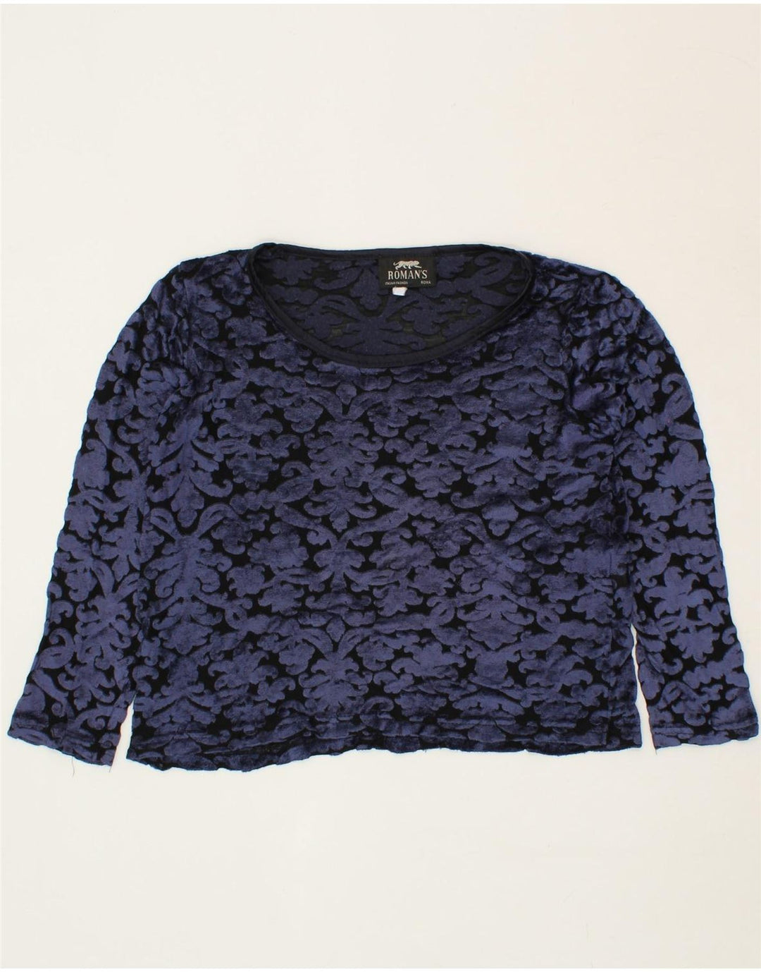 ROMAN'S Womens Abstract Pattern Crop Top Long Sleeve UK 8 Small Blue Vintage Roman's and Second-Hand Roman's from Messina Hembry 