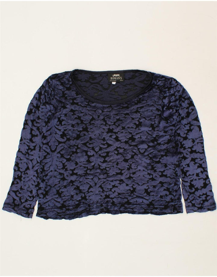 ROMAN'S Womens Abstract Pattern Crop Top Long Sleeve UK 8 Small Blue Vintage Roman's and Second-Hand Roman's from Messina Hembry 
