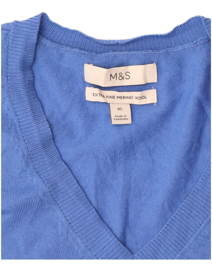 Marks & Spencer Womens V-Neck Jumper Sweater UK 6 XS Blue Merino Wool