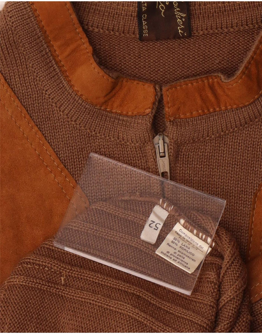 VINTAGE Mens Suede Cardigan Sweater IT 52 Large Brown Colourblock Wool