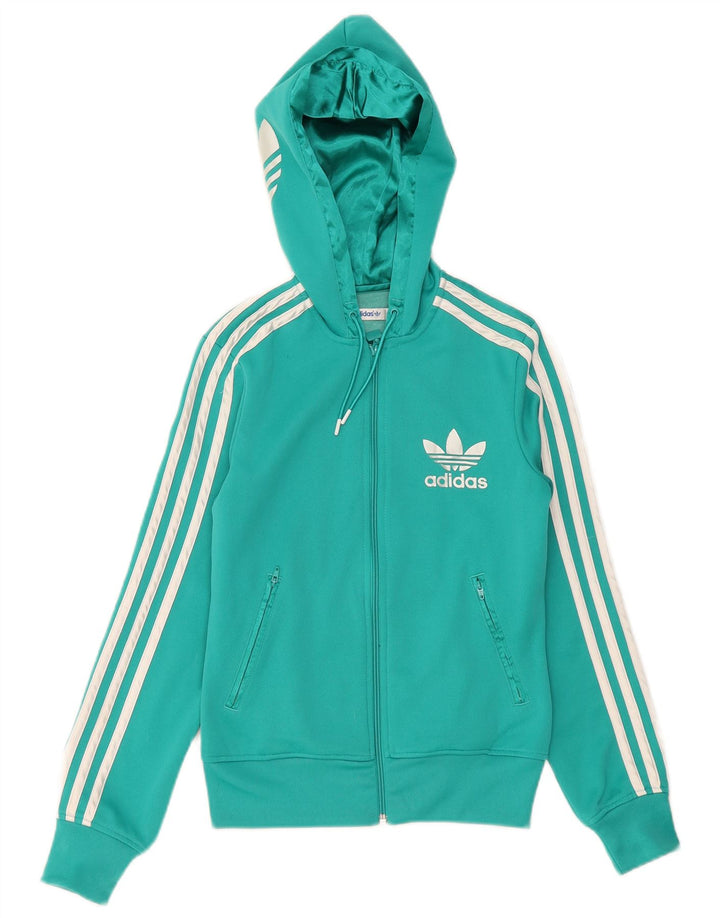 Adidas Womens Hooded Tracksuit Top Jacket UK 8 Small Turquoise Polyester