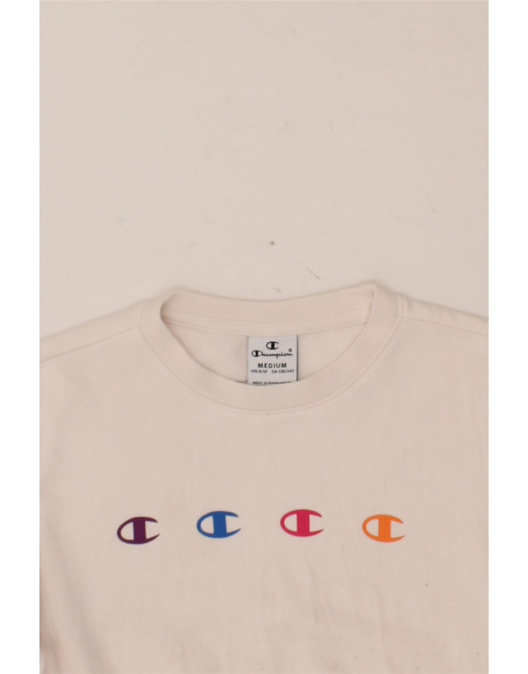CHAMPION Girls Graphic Sweatshirt Jumper 9-10 Years Medium White Cotton Vintage Champion and Second-Hand Champion from Messina Hembry 